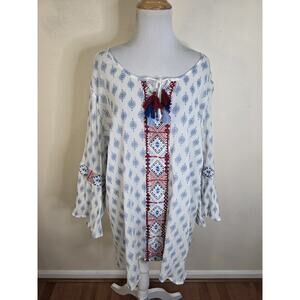 Style & Co Plus Size 3X Peasant Boho Tunic Shirt Semi Sheer White Blue Size 3X